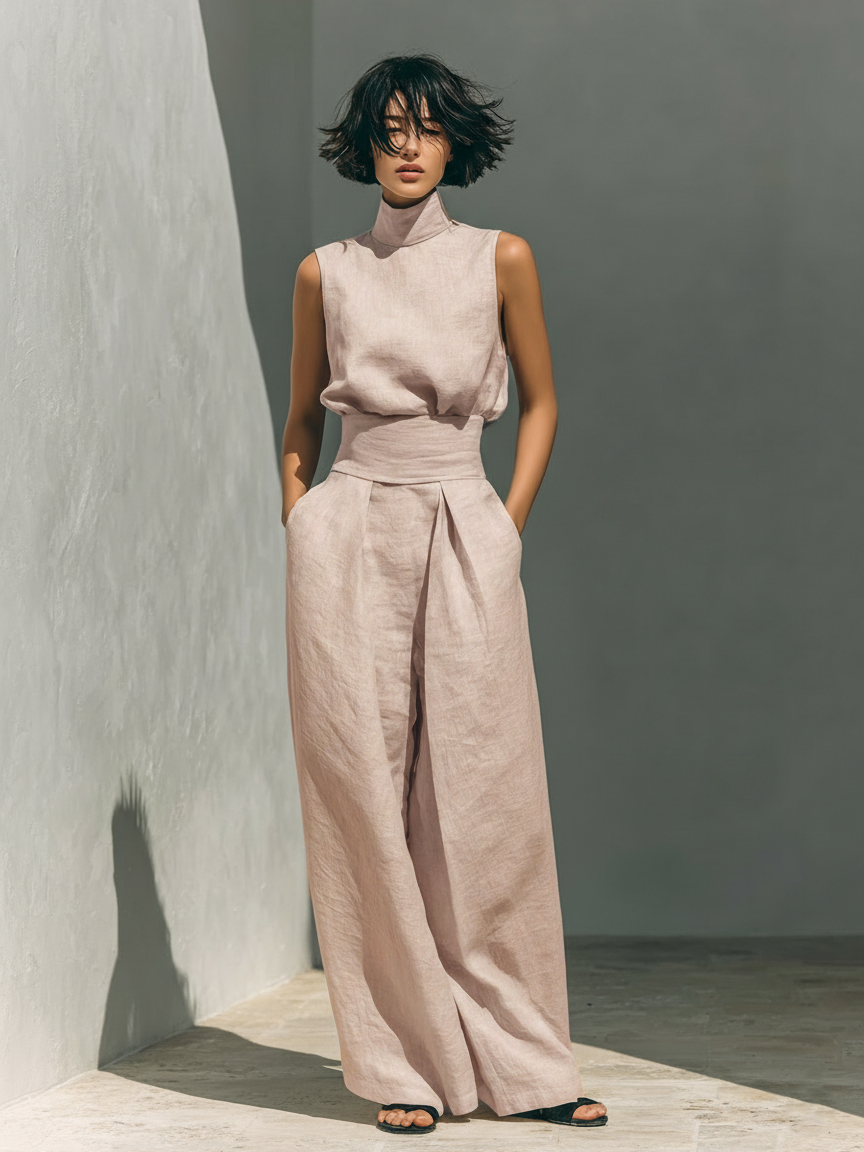 Maria | Minimalist Cotton-Linen Tank & Wide-Leg Trousers Set