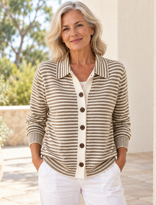 Basia Striped Button Cardigan in brown and cream, styled on a mature woman in a light summer setting