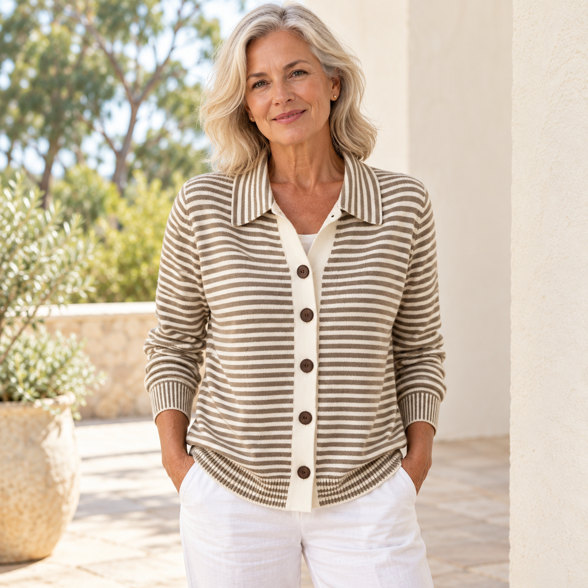 Basia Striped Button Cardigan in brown and cream, styled on a mature woman in a light summer setting