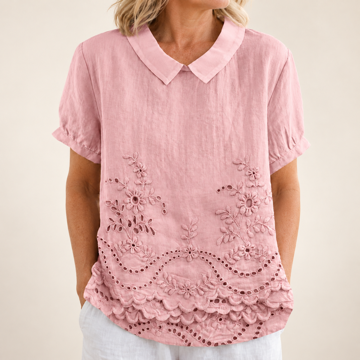 Bea Floral Embroidered Shirt in pink
