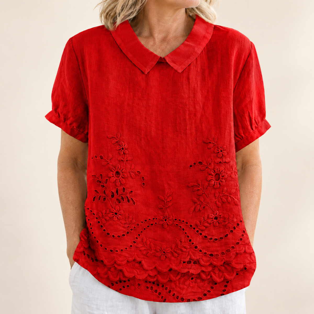 Bea Floral Embroidered Shirt in red