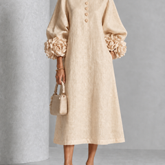 Floral Cuff Button Midi Dress in Beige on an older woman