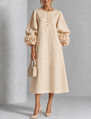 Floral Cuff Button Midi Dress in Beige on an older woman