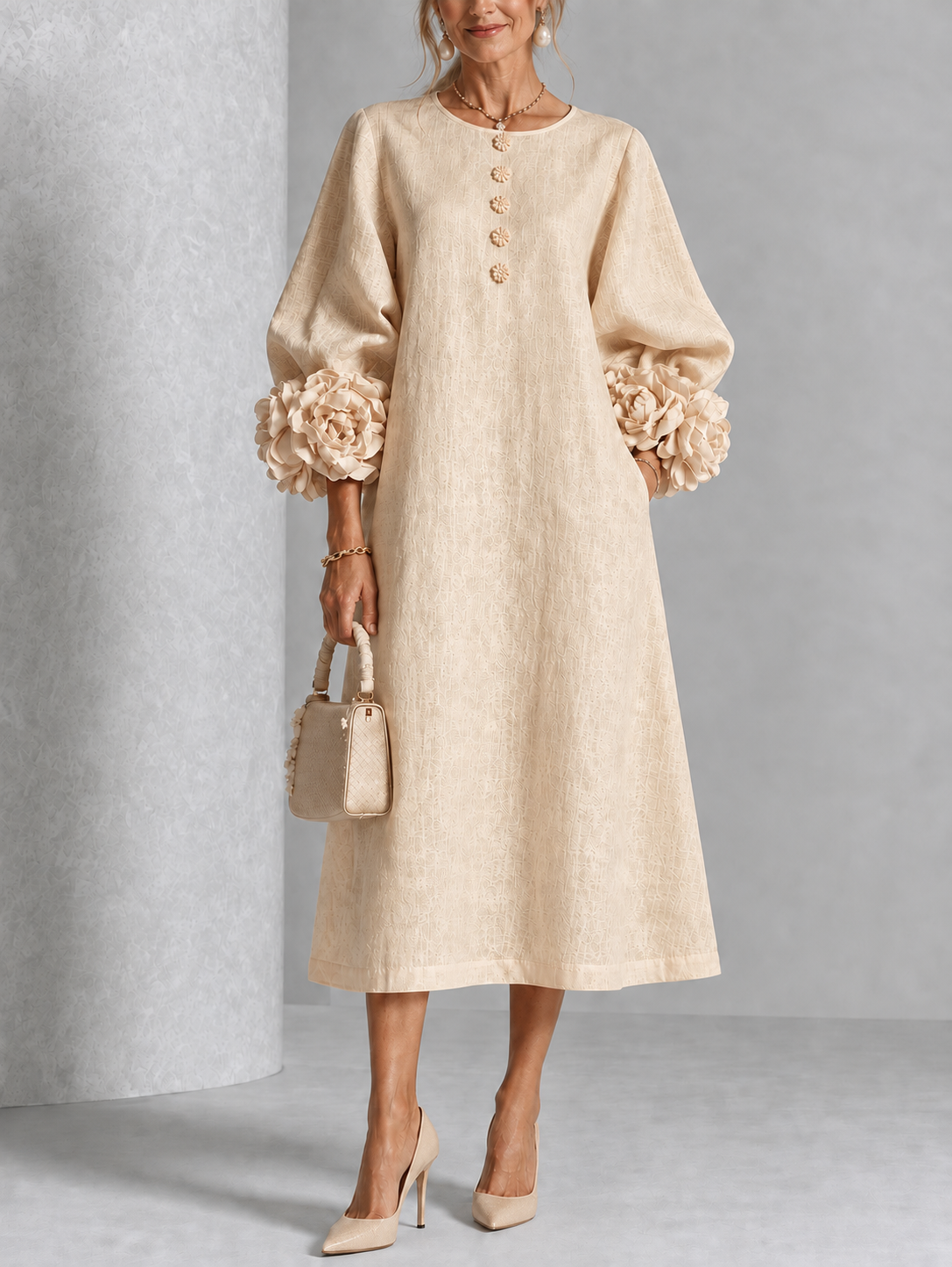 Floral Cuff Button Midi Dress in Beige on an older woman