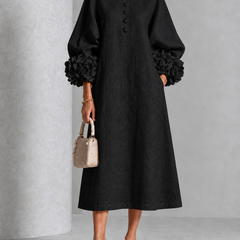 Floral Cuff Button Midi Dress in Black on an older woman