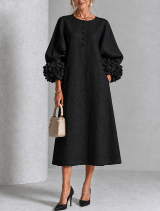 Floral Cuff Button Midi Dress in Black on an older woman