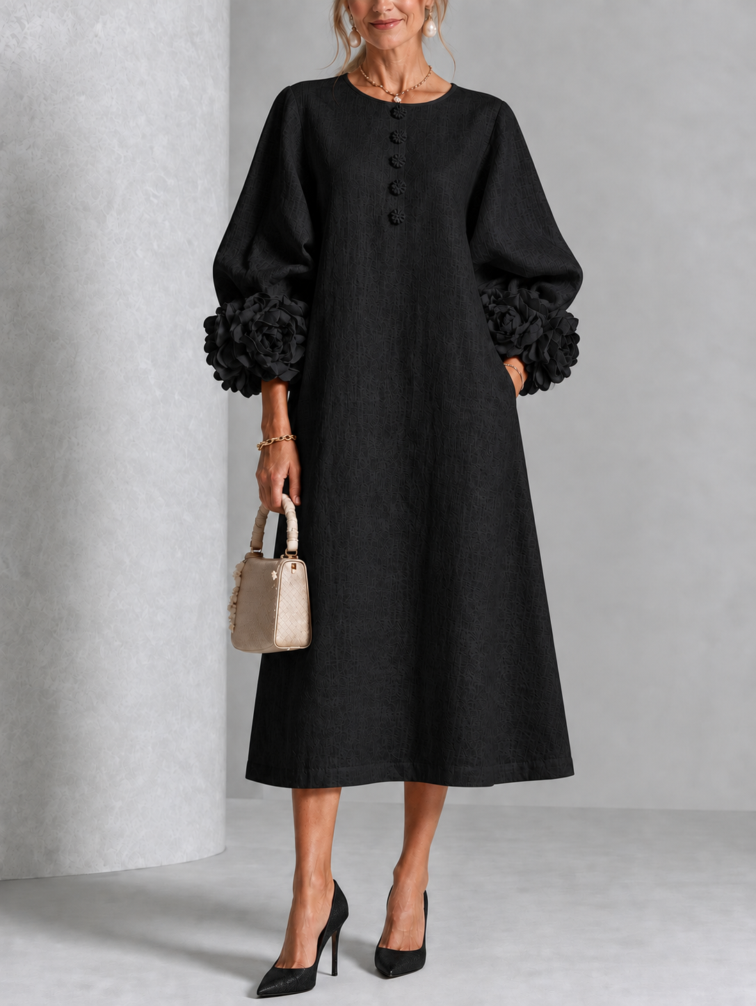 Floral Cuff Button Midi Dress in Black on an older woman