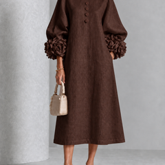 Floral Cuff Button Midi Dress in Brown on an older woman