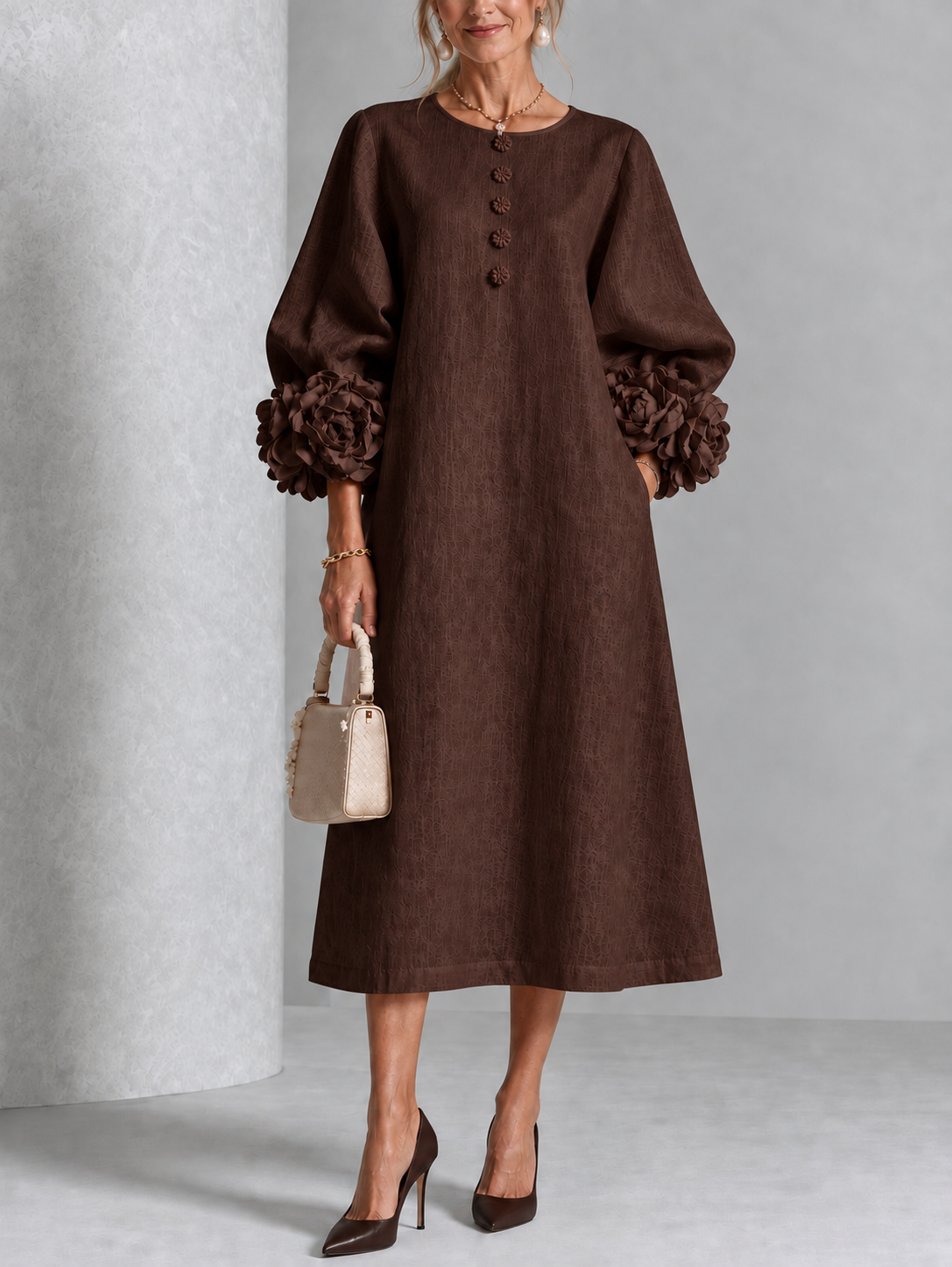 Floral Cuff Button Midi Dress in Brown on an older woman