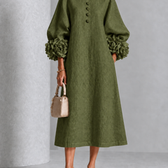 Floral Cuff Button Midi Dress in Green on an older woman