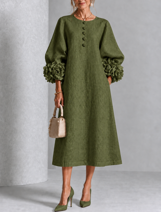 Floral Cuff Button Midi Dress in Green on an older woman