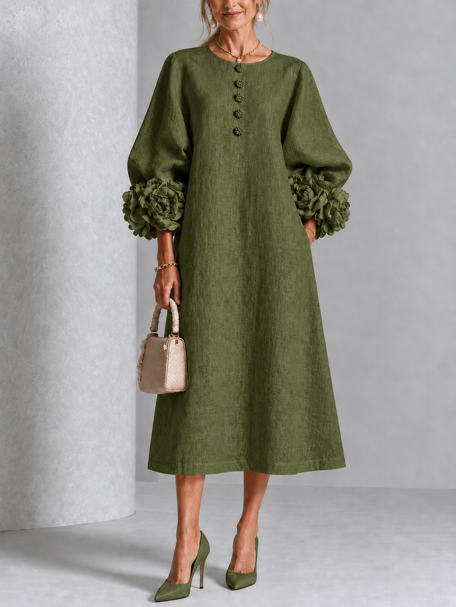 Floral Cuff Button Midi Dress in Green on an older woman