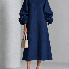 Floral Cuff Button Midi Dress in Navy on an older woman