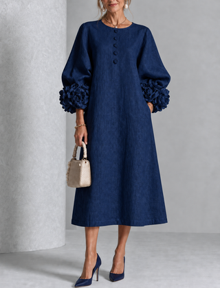 Floral Cuff Button Midi Dress in Navy on an older woman