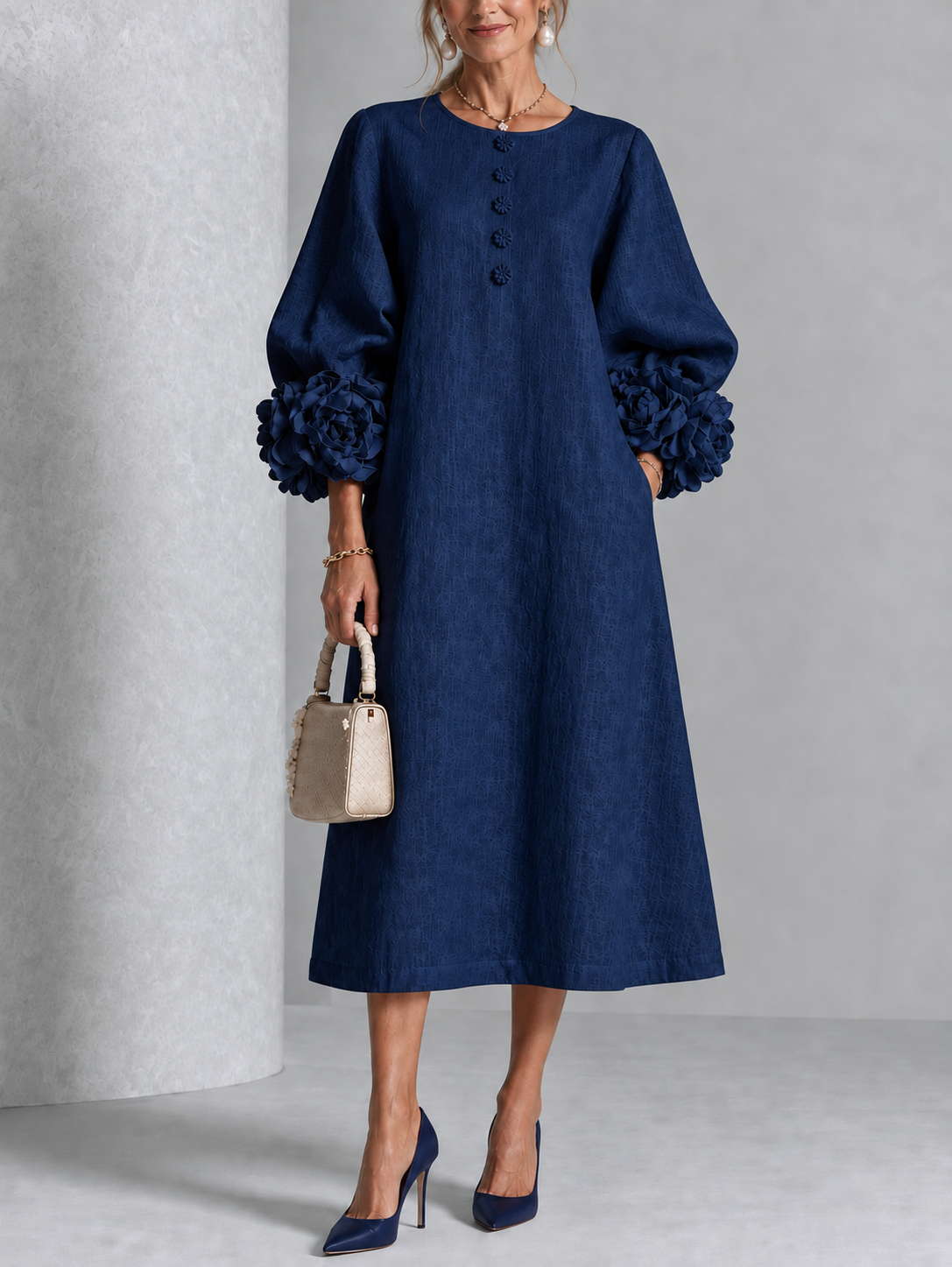 Floral Cuff Button Midi Dress in Navy on an older woman