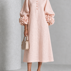 Floral Cuff Button Midi Dress in Pink on an older woman