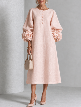 Floral Cuff Button Midi Dress in Pink on an older woman