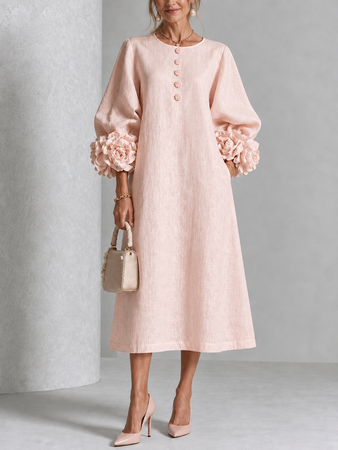 Floral Cuff Button Midi Dress in Pink on an older woman