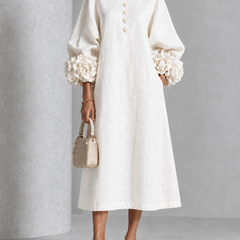 Floral Cuff Button Midi Dress in White on an older woman