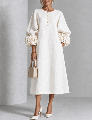 Floral Cuff Button Midi Dress in White on an older woman