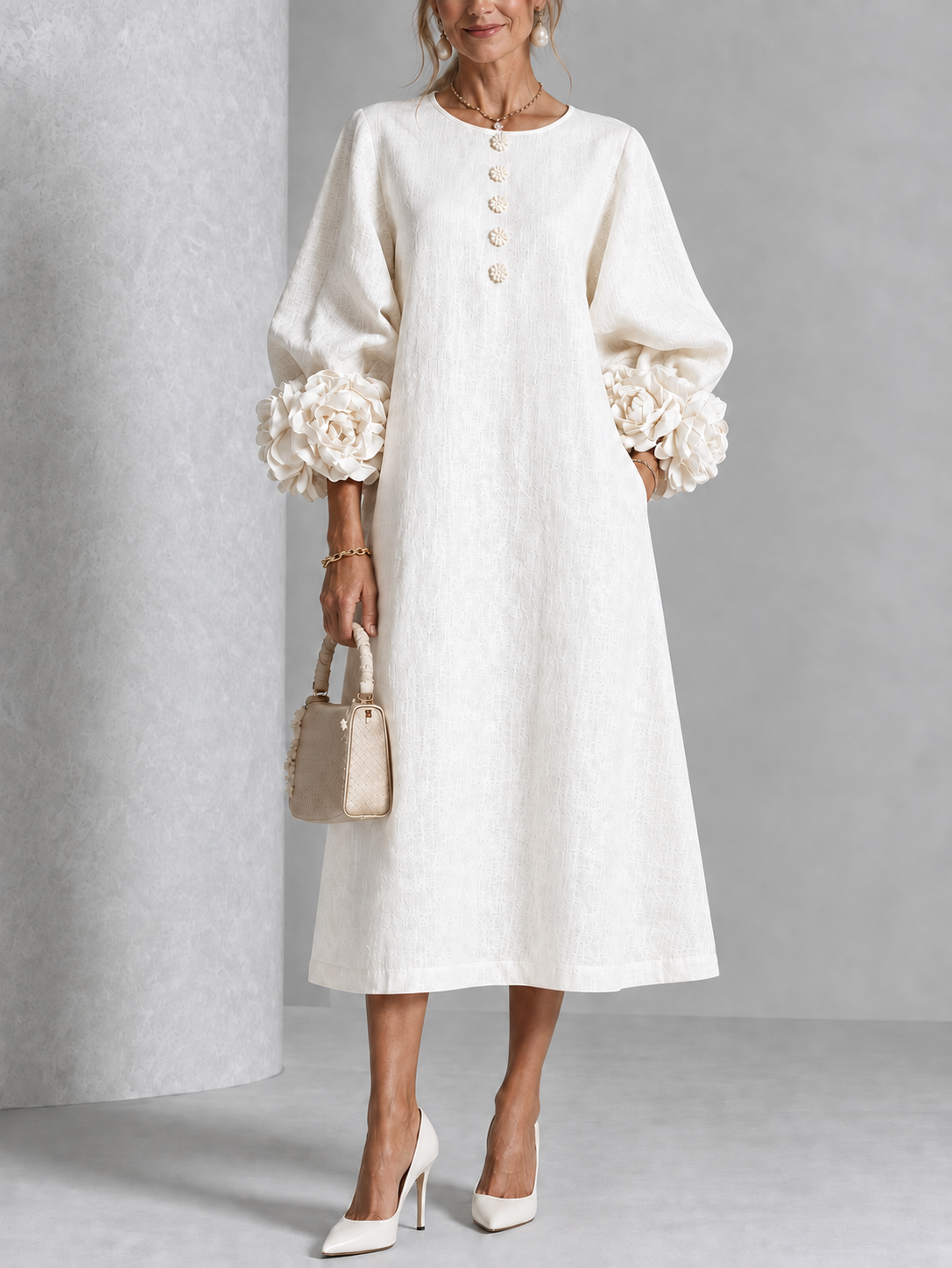 Floral Cuff Button Midi Dress in White on an older woman