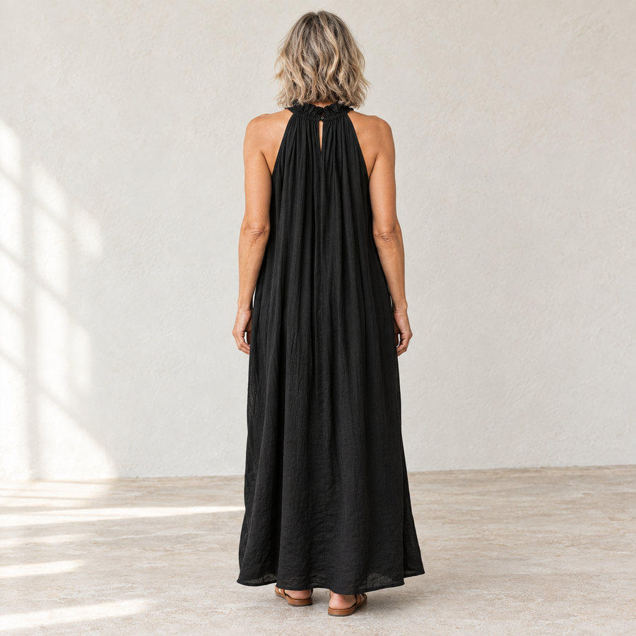 Gladys Maxi Dress black back view on a light studio background
