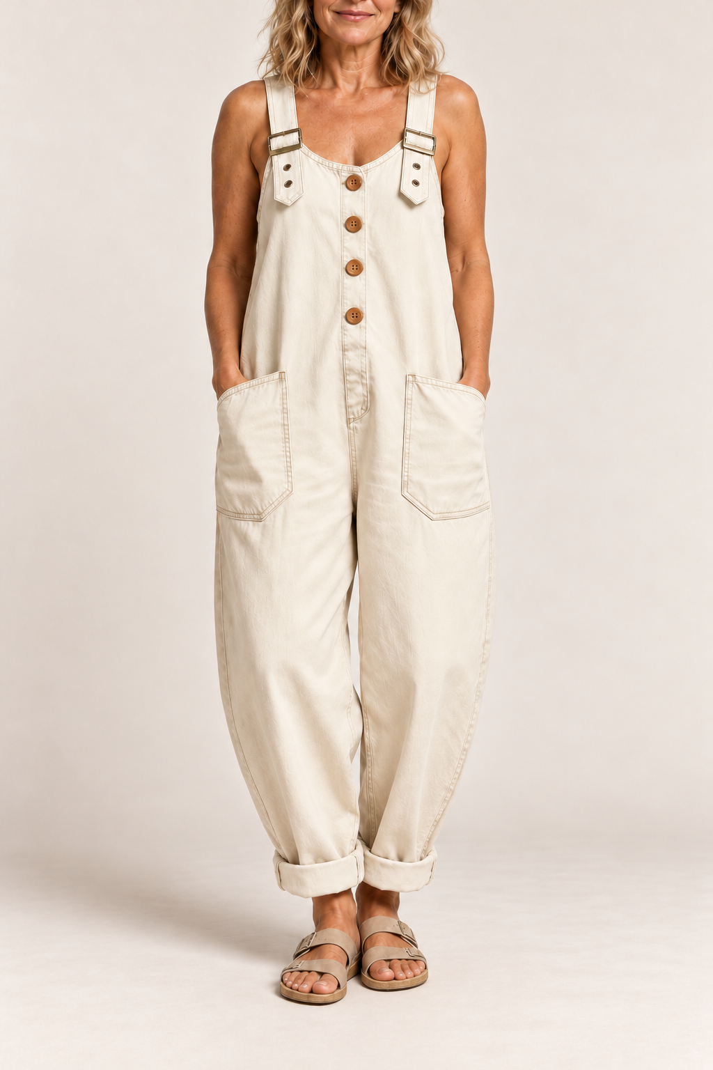Kitti relaxed utility jumpsuit in Beige, product-focused crop
