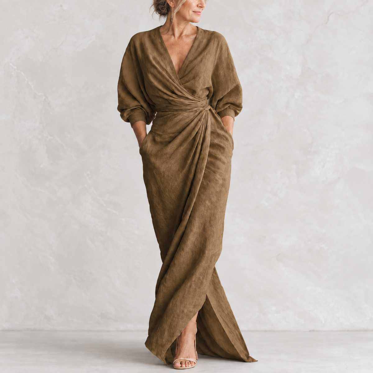 Lorena Maxi Dress brown main view on light studio background