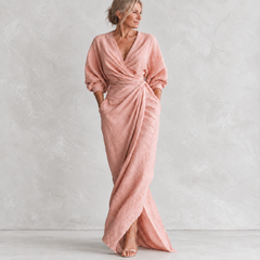 Lorena Maxi Dress pink front view on light studio background