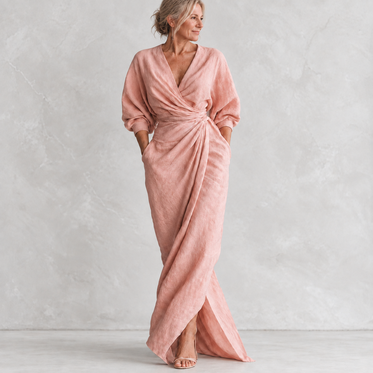 Lorena Maxi Dress pink front view on light studio background