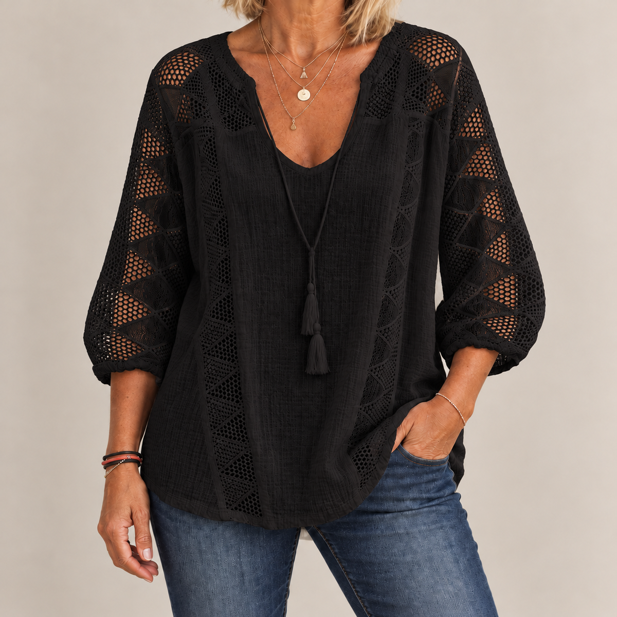 Luna Breezy Cotton Blouse in Black, standing product-focused image