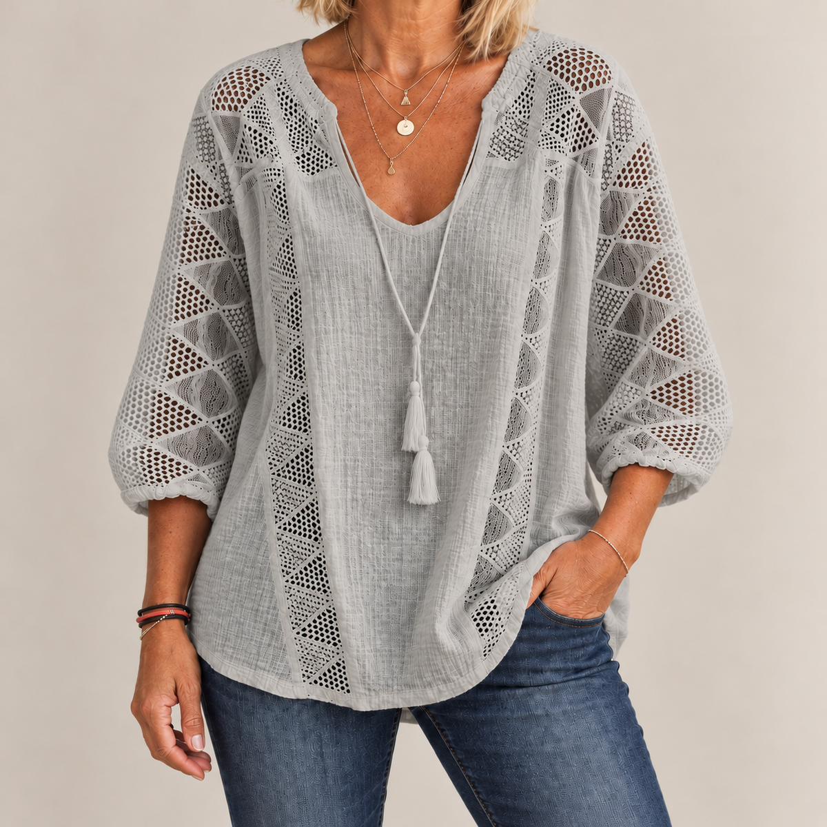 Luna Breezy Cotton Blouse in Grey, standing product-focused image