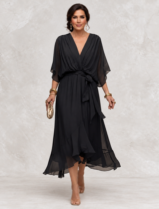 Monica V-Neck Dress black front view on light studio background