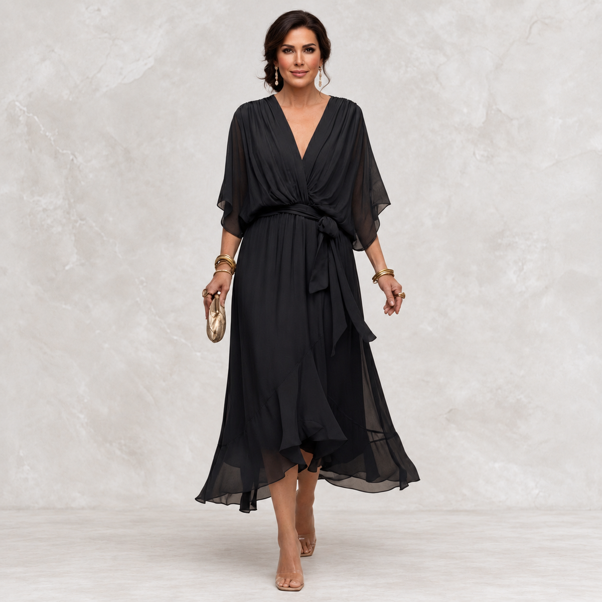 Monica V-Neck Dress black front view on light studio background