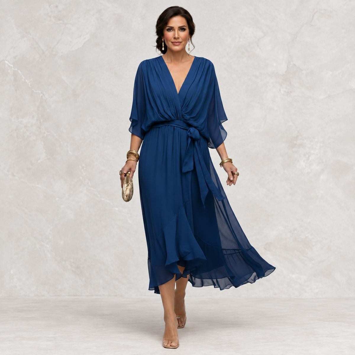 Monica V-Neck Dress blue front view on light studio background