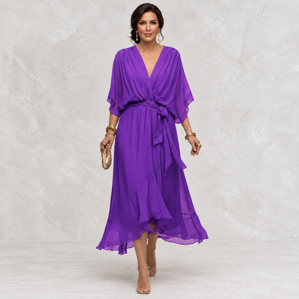 Monica V-Neck Dress dark purple front view on light studio background