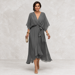 Monica V-Neck Dress gray front view on light studio background