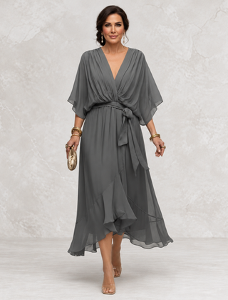 Monica V-Neck Dress gray front view on light studio background