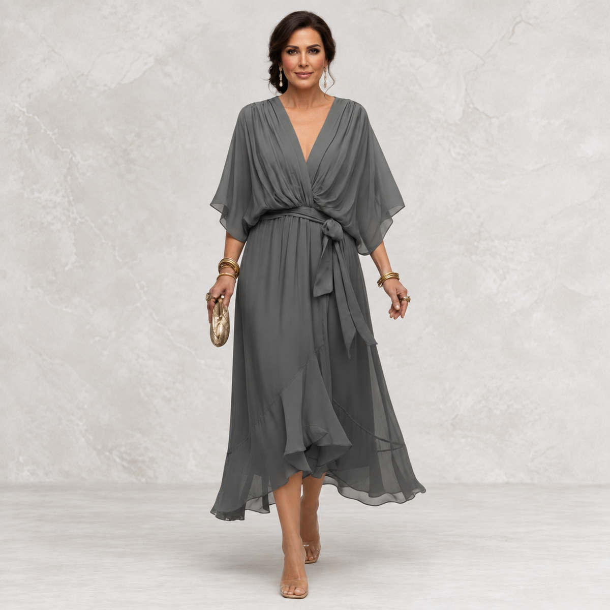 Monica V-Neck Dress gray front view on light studio background