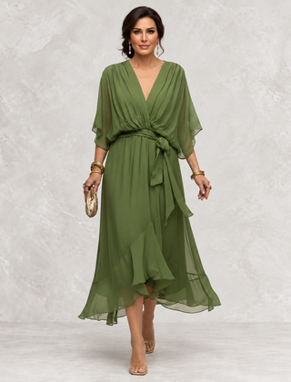Monica V-Neck Dress green front view on light studio background
