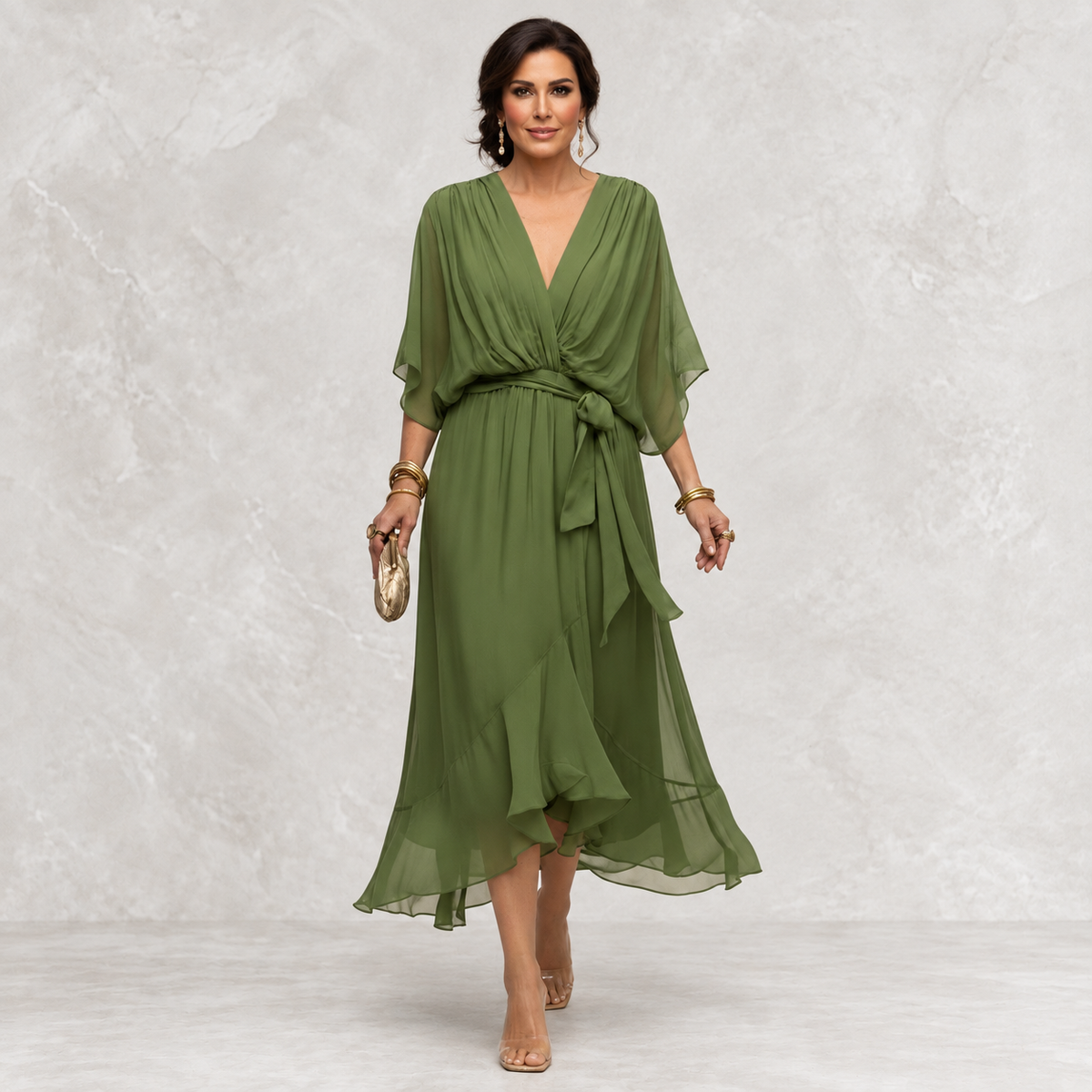 Monica V-Neck Dress green front view on light studio background