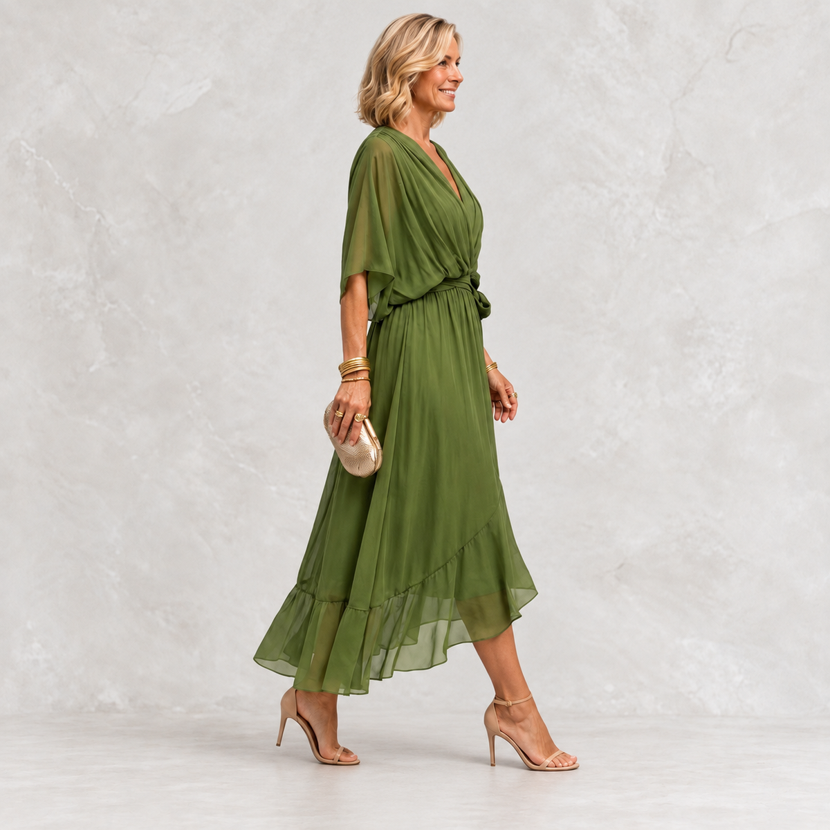 Monica V-Neck Dress green side view on light studio background