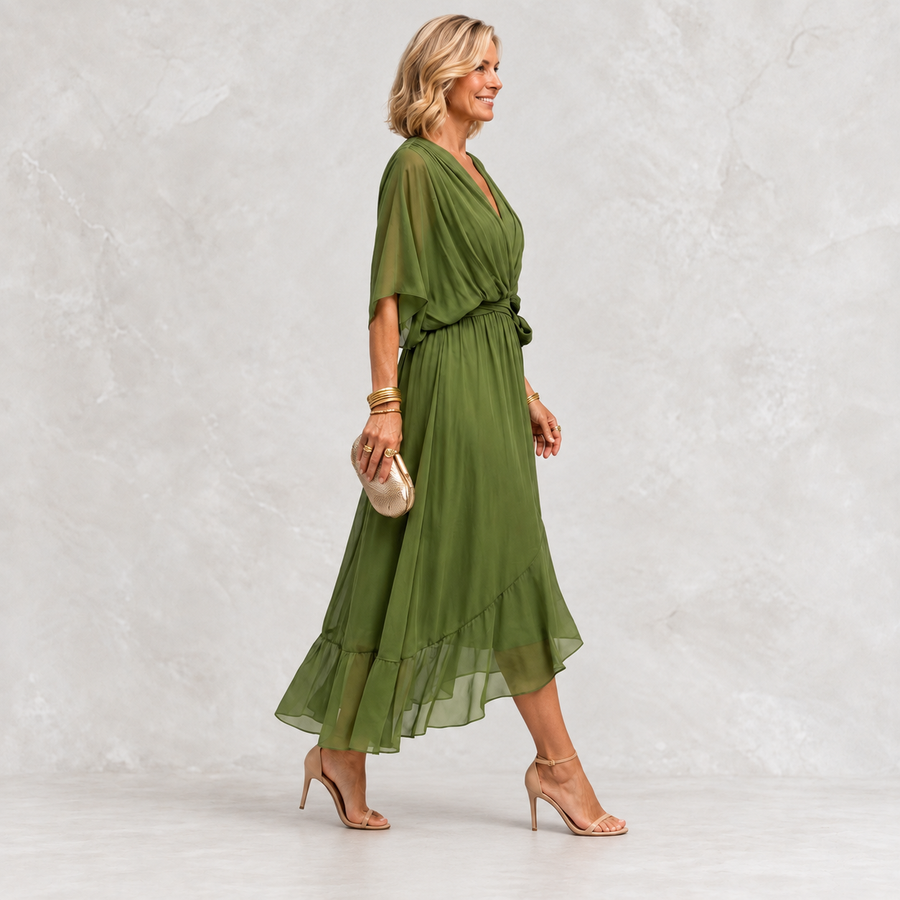 Monica V-Neck Dress green side view on light studio background