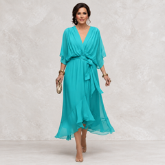 Monica V-Neck Dress navy blue front view on light studio background