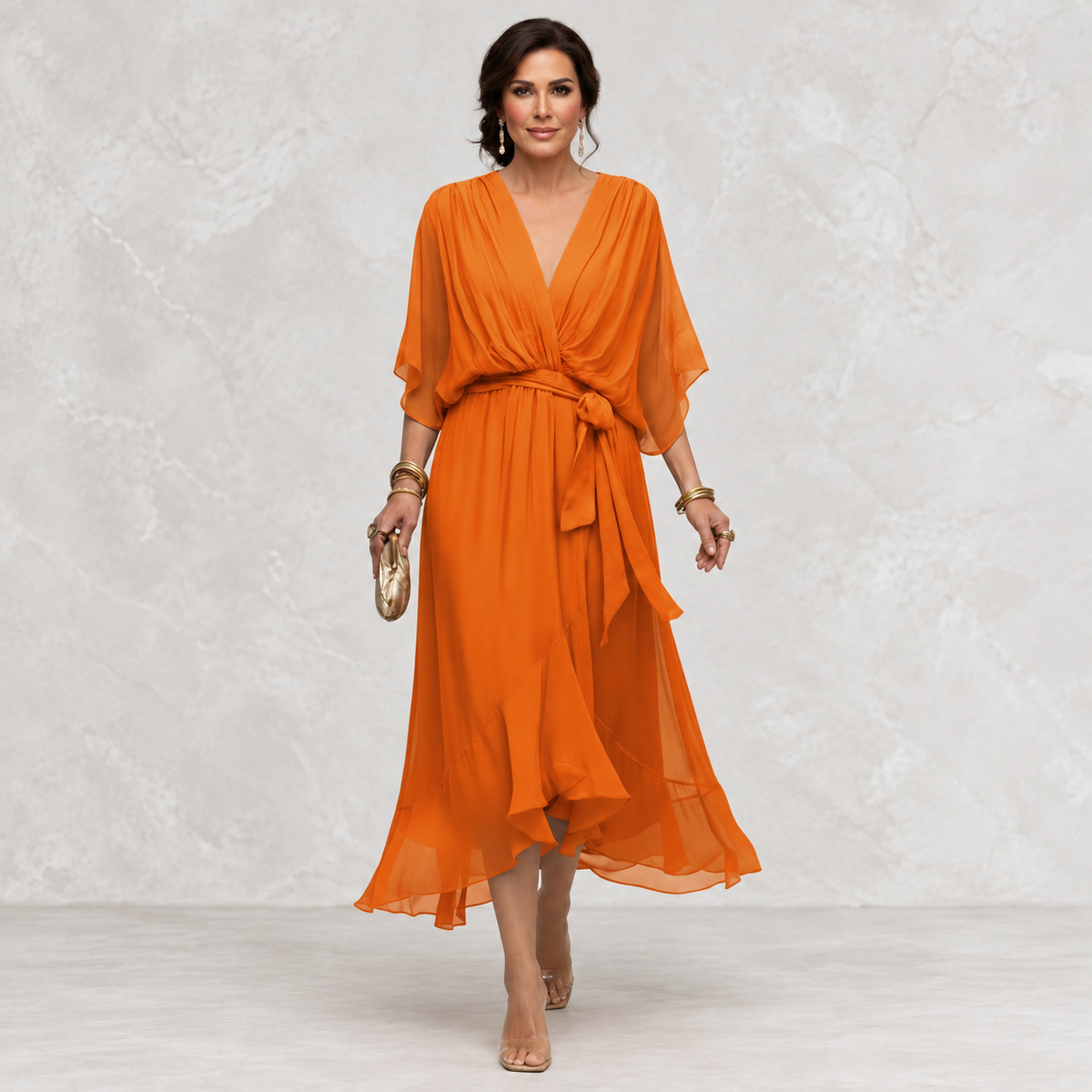 Monica V-Neck Dress orange front view on light studio background