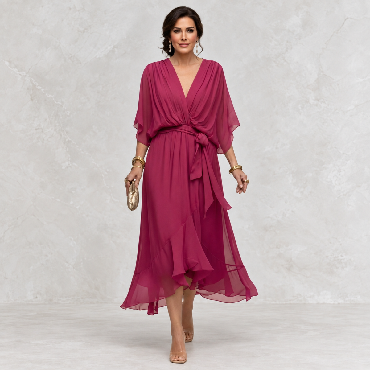 Monica V-Neck Dress purple front view on light studio background