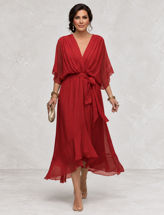Monica V-Neck Dress red front view on light studio background