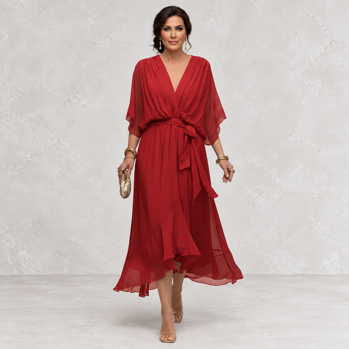 Monica V-Neck Dress red front view on light studio background
