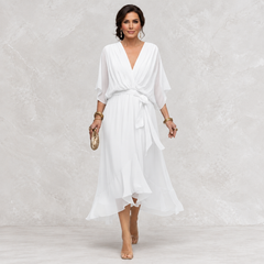 Monica V-Neck Dress white front view on light studio background
