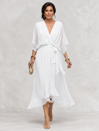 Monica V-Neck Dress white front view on light studio background